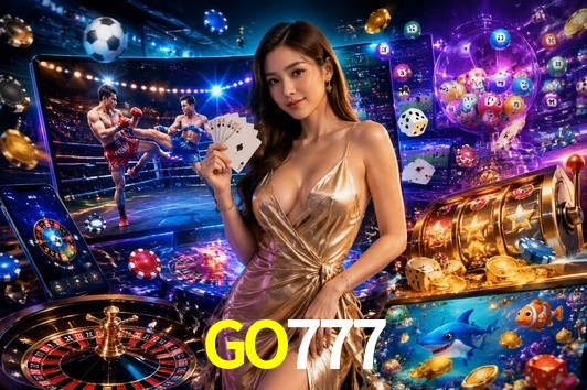Una escena digital vívida inspirada en casino con GO777 mostrado prominentemente, luces brillantes, fichas, cartas y acentos dorados.