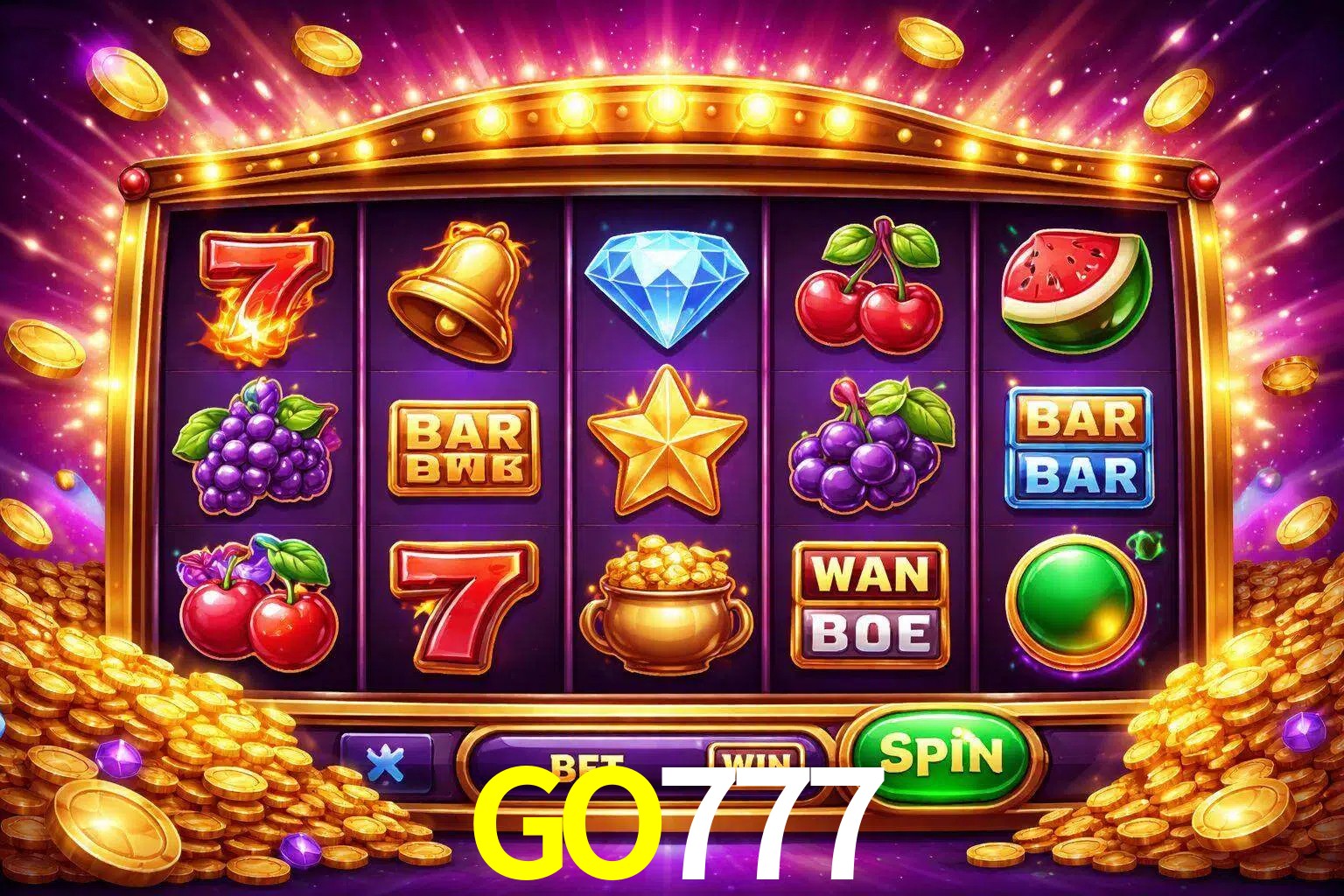 Una interfaz colorida de tragamonedas en línea con símbolos brillantes, monedas y un efecto de victoria celebratoria en GO777.