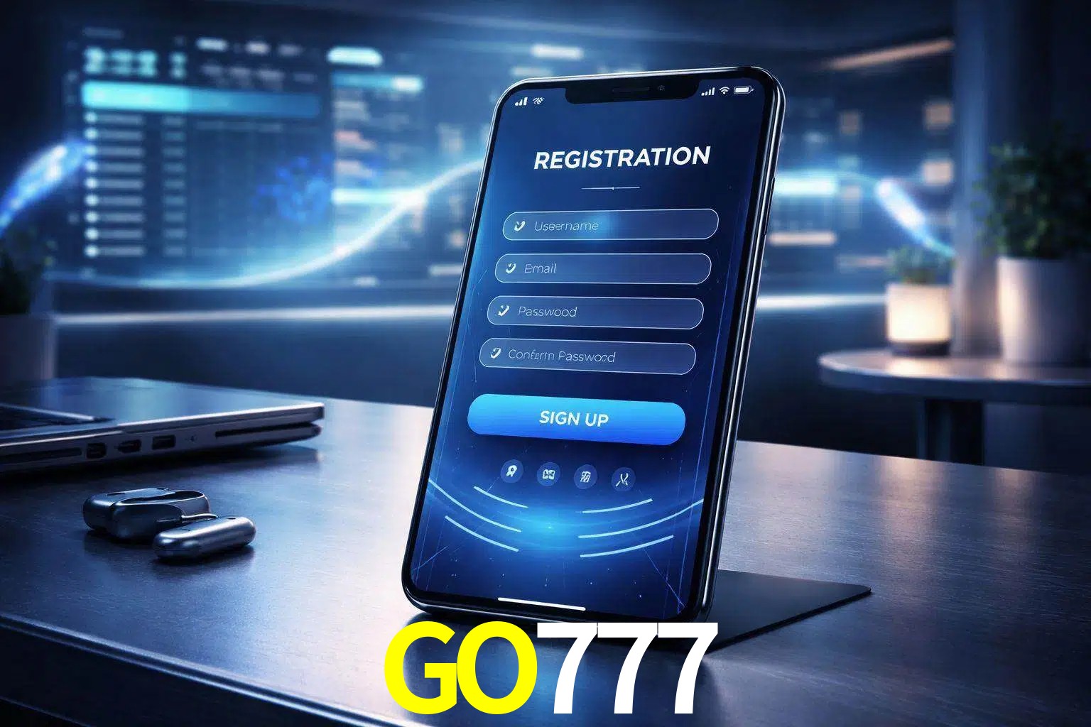 Una interfaz moderna de registro móvil para GO777 mostrada en un smartphone con un panel de apuestas elegante.